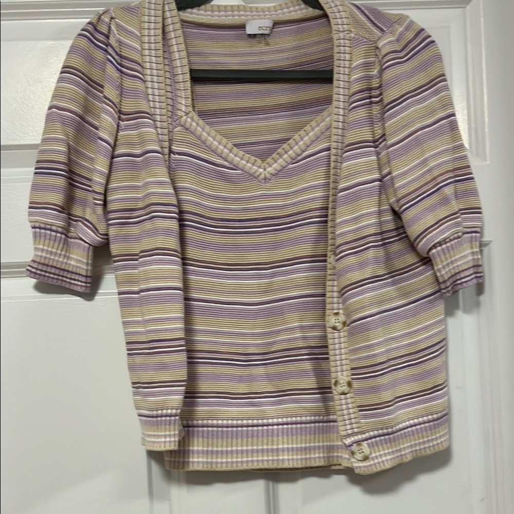 DKNY Women's Striped Purple and Cream Cardigan